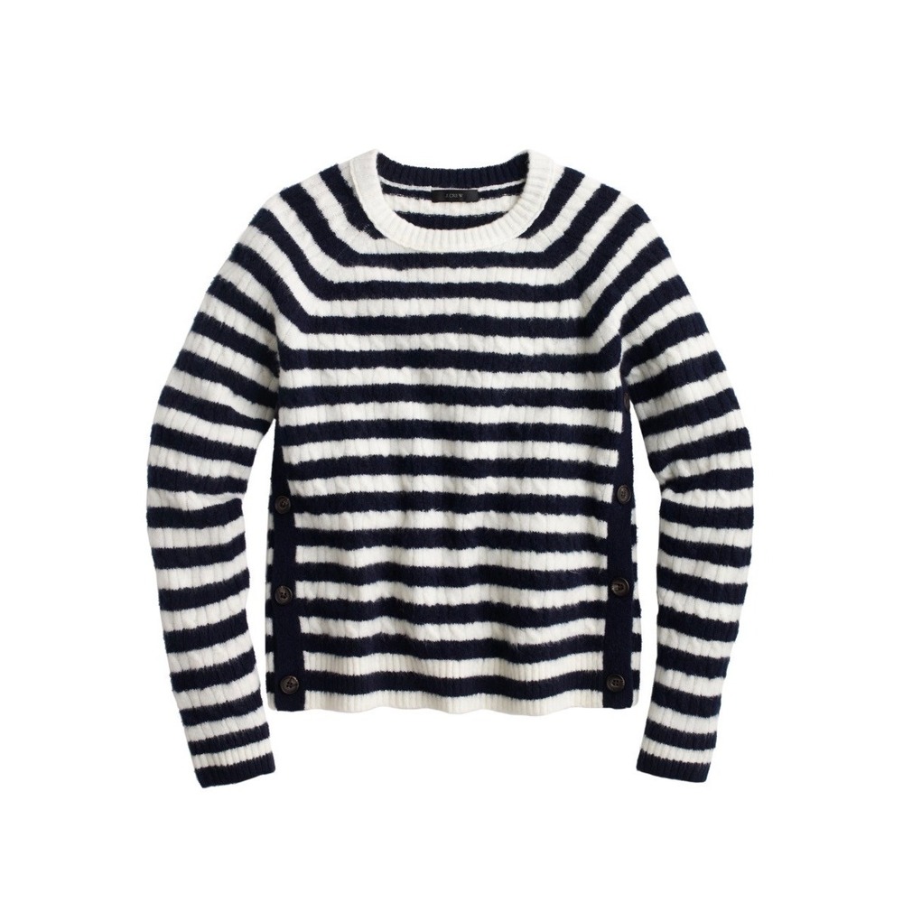 J.Crew Womens Striped Wool Blend Side Button Sweater Navy Blue Ivory Medium
